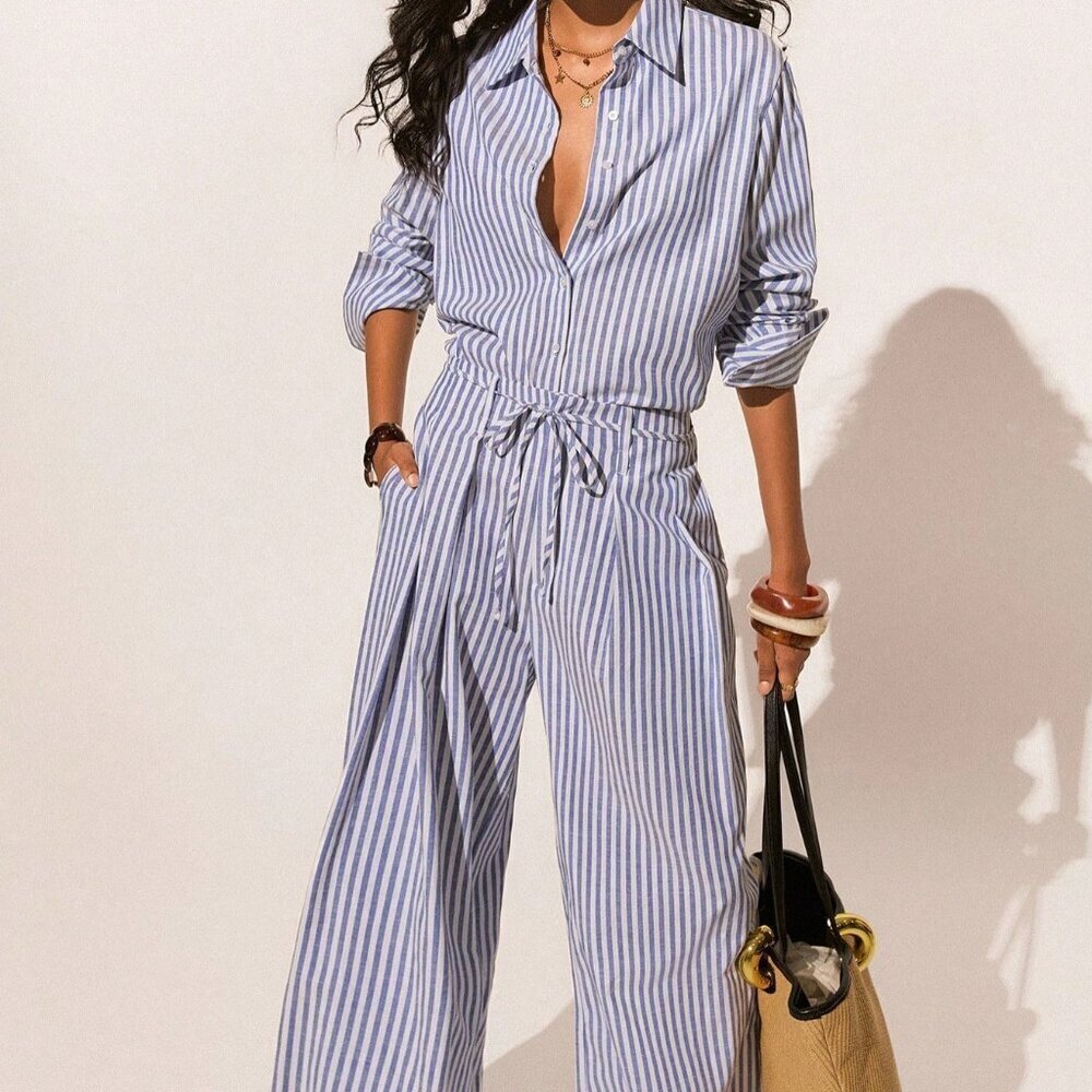 Blue And White Casual Women's Striped Print Button Front Long Sleeve Shirt